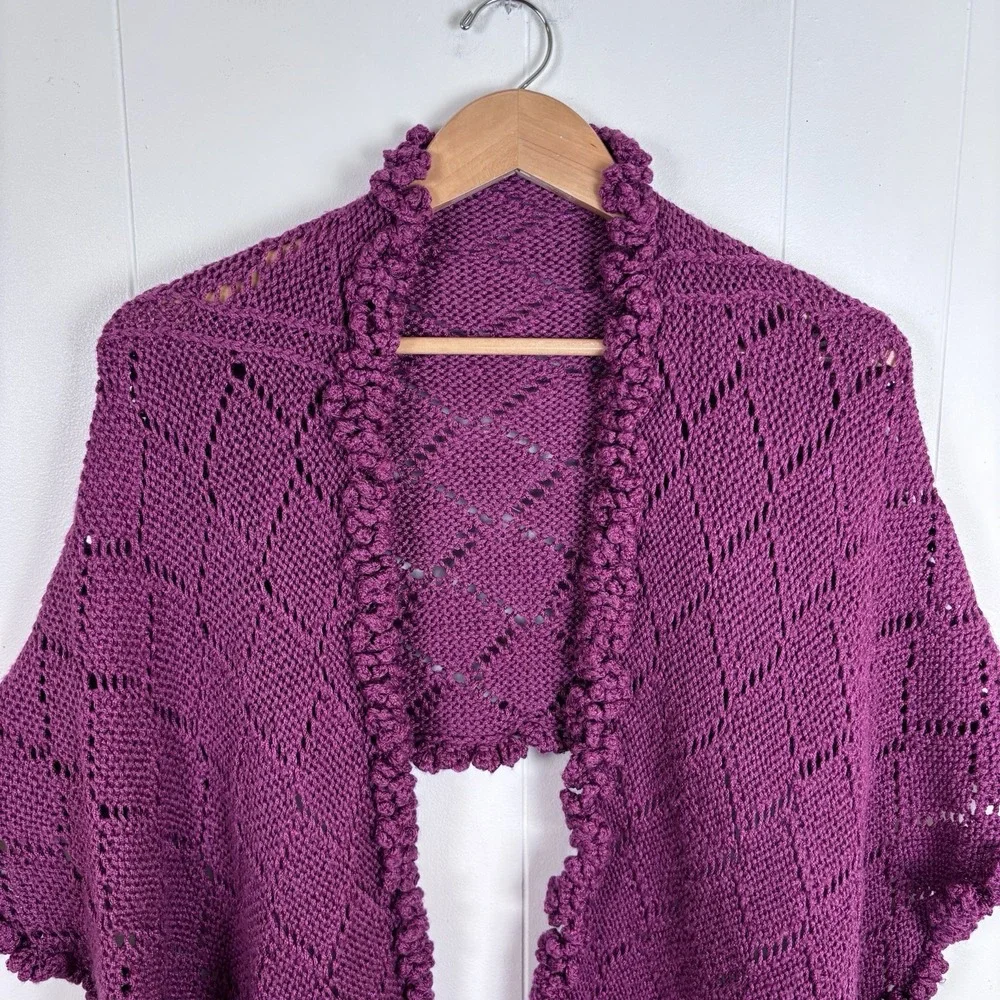 Hand Crocheted Plum Wrap Shawl 69 x 16 Ruffled Edges Knit Spring Shawl Plus Size